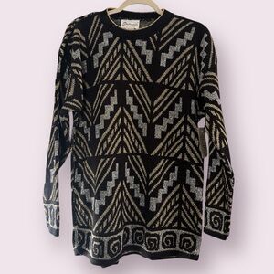 Vintage Statements by Pronto Black Gold Silver Chevron Knit Sweater Size Large